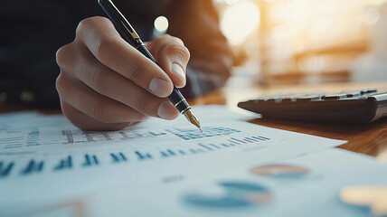 Aufkleber - hand holding pen above printed graph with calculator nearby, suggesting analysis and planning in business setting. warm lighting adds focused atmosphere