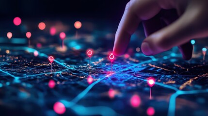 Poster - Detailed Close-Up of a Hand Pointing at Digital Map with Location Pins in a High-Tech Urban Cityscape Illustrating Navigation and Geographic Exploration