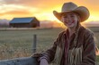 © Larisa - Smiling girl in cowboy hat at sunset on farm
