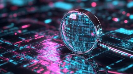 Poster - Magnifying Glass Over Colorful Digital Circuit Board Graphics with Abstract Patterns and Reflections in Futuristic Tech Concept Background