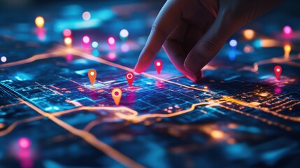 Poster - Engaging Hand Interaction with Colorful Location Pins on a Digital Map, Representing Navigation and Geolocation Technology in Urban Environment