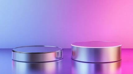 Poster - sleek metallic platforms with soft glowing ambient light for product display and creative presentati