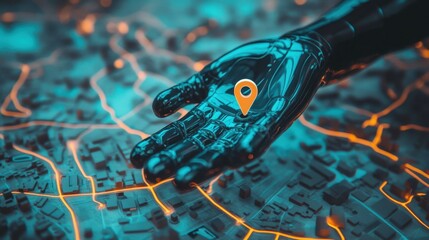 Poster - Futuristic Robotic Hand Holding Location Pin Over Digital Map Displaying Urban Landscape with Neon Highlights and Geometric Patterns