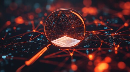 Poster - Abstract visualization of a magnifying glass highlighting a digital network with interconnected nodes, symbolizing technology, data analysis, and information discovery