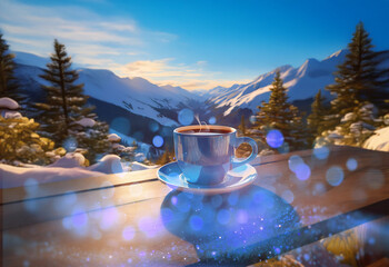 Poster - A steaming cup of coffee sits on a wooden table with a picturesque mountain view in the background.