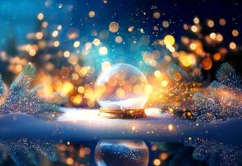 Poster - A snow globe sits on a snowy surface with pine branches and out of focus lights in the background.