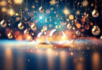 Poster - A blue and gold holiday background with ornaments hanging from the ceiling.  The background is a light blue with a glittery surface.  The ornaments are mostly gold with a few clear glass ornaments wit