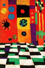 Poster - Vibrant abstract composition with checkerboard pattern and colorful geometric shapes on display