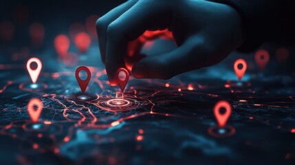 Poster - Hand placing location pin on a digital map display, representing navigation and mapping technology, with a dramatic red and blue color scheme enhancing the futuristic feel.