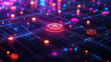 Poster - a vibrant, abstract digital network featuring glowing nodes and circuits that evoke a high-tech, fut