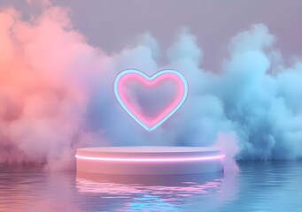 Poster - 3D rendering of a podium with a heart-shaped neon light frame and a pastel-colored smoke cloud on a water background for product display presentation, mock-up template design,