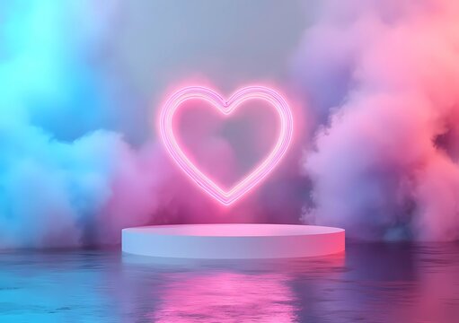 3D rendering of a podium with a heart-shaped neon light frame and a pastel-colored smoke cloud on a water background for product display presentation, mock-up template design,