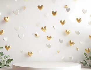 Poster - 3D rendering of white and gold hearts flying around a round podium on a cream background. Valentine's Day concept