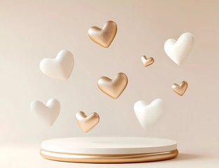Poster - 3D rendering of white and gold hearts flying around a round podium on a light background, a product display presentation scene, a mock-up for a Valentine's Day or birthday party decoration design