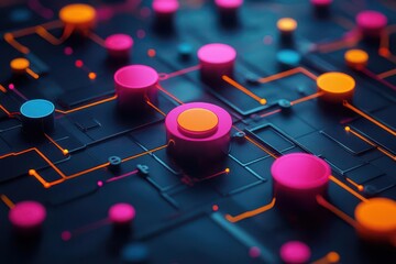 Poster - A vibrant digital circuit design featuring colorful nodes and connections on a dark background, showcasing modern technology and innovation.