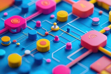 Poster - A vibrant, abstract representation of a circuit board with colorful shapes and lines, showcasing a modern and playful take on technology.