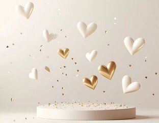 Poster - 3D rendering of white and gold hearts flying around a round podium on a light background, a product display presentation scene, a mock-up for a Valentine's Day or birthday party decoration design