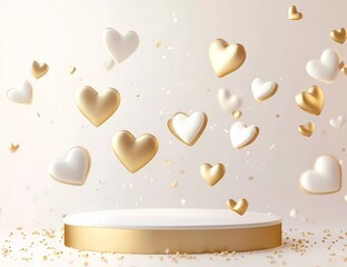 Poster - 3D rendering of white and gold hearts flying around a round podium on a light background, a product display presentation scene, a mock-up for a Valentine's Day or birthday party decoration design