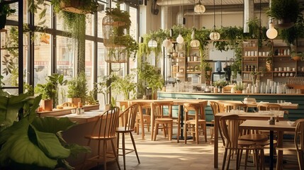 Wall Mural - A photo of a trendy vegetarian cafe with plant-based