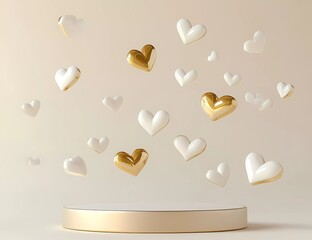 Poster - 3D rendering of white and gold hearts flying around a round podium on a light background, a product display presentation scene, a mock-up for a Valentine's Day or birthday party decoration design
