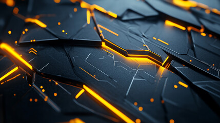 Poster - A 3D image with a futuristic, sci-fi look. It has a geometric pattern and bright yellow lines.