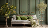 Elegant Beige Sofa Green Walls Interior Design