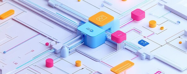 Poster - A vibrant digital landscape featuring interconnected shapes and circuits, symbolizing technology and innovation.