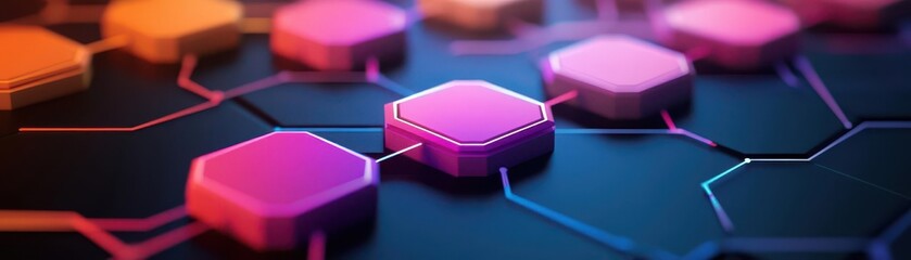 Poster - A close-up of colorful hexagonal shapes interconnected by intricate lines, showcasing a vibrant and modern digital design.