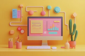 Poster - A vibrant workspace featuring a computer with colorful graphics, playful decor, and a cactus, creating an energetic and inspiring atmosphere.