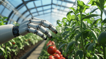 Poster - Robot hands work in a greenhouse, planting and picking vegetables. The sky is visible in the background. This 3D image shows how technology can help farming.