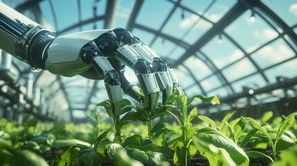Poster - Robot hands work in a greenhouse, planting and picking vegetables. The sky is visible in the background. This 3D image shows how technology can help farming.