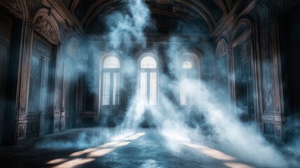 Poster - A large room with smoke and light shining through the windows