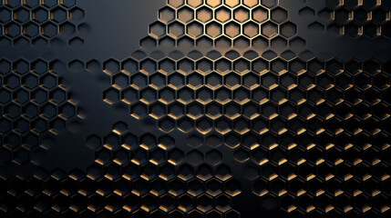 Poster - a black, metallic background with a honeycomb pattern, rendered in 3d and in ultra-high resolution.