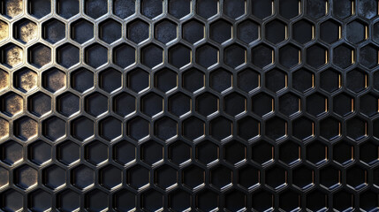Poster - a black, metallic background with a honeycomb pattern, rendered in 3d and in ultra-high resolution.