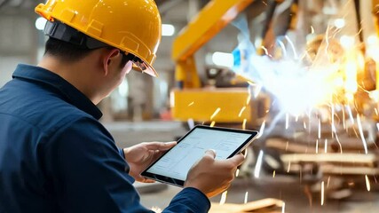 Poster - A dedicated worker in safety gear uses a tablet to monitor machinery operations. Sparks illuminate the background, showcasing an active and bustling factory environment.