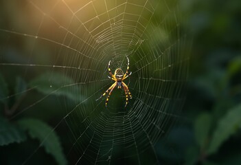 A yellow and black spider in the center of a delicate spider web, surrounded by blurred foliage in the background