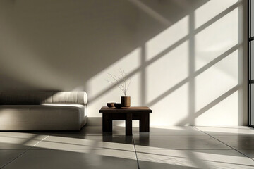 Wall Mural - Minimalist design meets serene elegance in this sunlit space featuring a cozy sofa