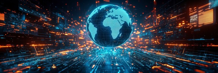 Wall Mural - this image showcases a digital globe with vibrant orange and blue lights and network-like lines symb