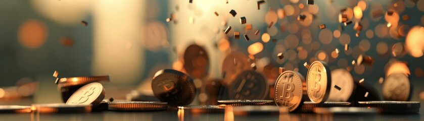Poster - Dynamic Scene of Falling Coins and Shimmering Glimmers Creating a Captivating Atmosphere of Wealth and Opportunity in a Financial Context