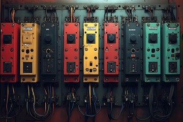 Wall Mural - A vintage electrical panel with colorful circuit breakers and wires.