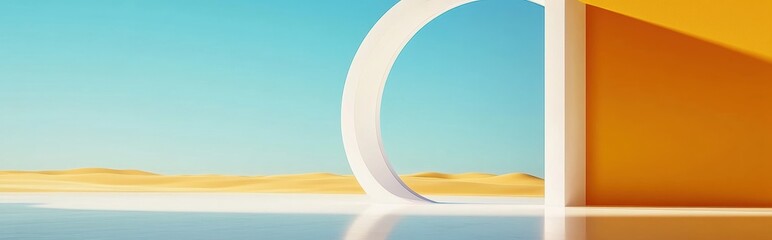 Poster - Abstract Desert Landscape With Geometric Structures and Mirror Reflections Under Clear Blue Sky