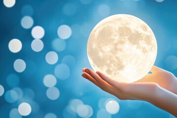 Poster - A Magical Evening With a Pair of Hands Gently Cradling the Moon Under a Sparkling Blue Sky
