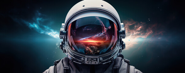 stunning astronaut helmet reflecting cosmic landscape with vibrant color contrasts and stellar pheno