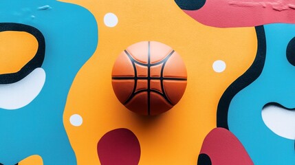 Wall Mural - Basketball placed on colorful abstract graffiti wall with blue, orange, and pink shapes.