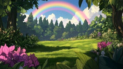 Wall Mural - Bright Rainbow Over a Vast Green Meadow