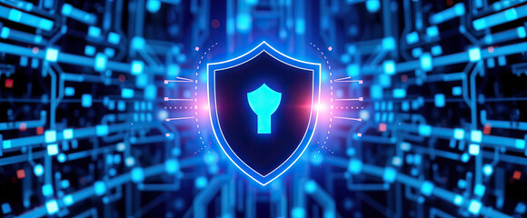 Poster - glowing digital shield icon surrounded by circuit lines cybersecurity protection concept blue neon futuristic technology background