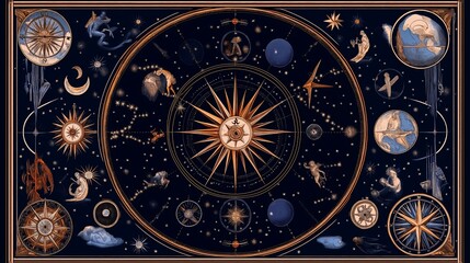 Poster - Celestial Map with Constellations and Zodiac Symbols