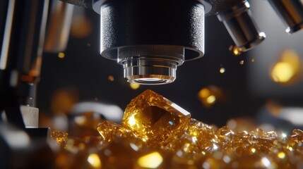Poster - Close-Up of a Microscope Focusing on Bright Yellow Crystal Gems Surrounded by Small Shining Stones on a Dark Background for Scientific and Educational Purposes