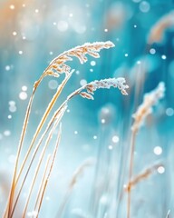 Aufkleber - Fluffy Winter Grass Stalks Covered in Snow During Gentle Snowfall in a Serene Nature Setting
