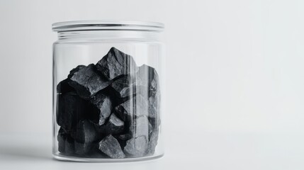 Poster - clear glass jar filled with black rocks on a minimalist background showcasing natural texture and co